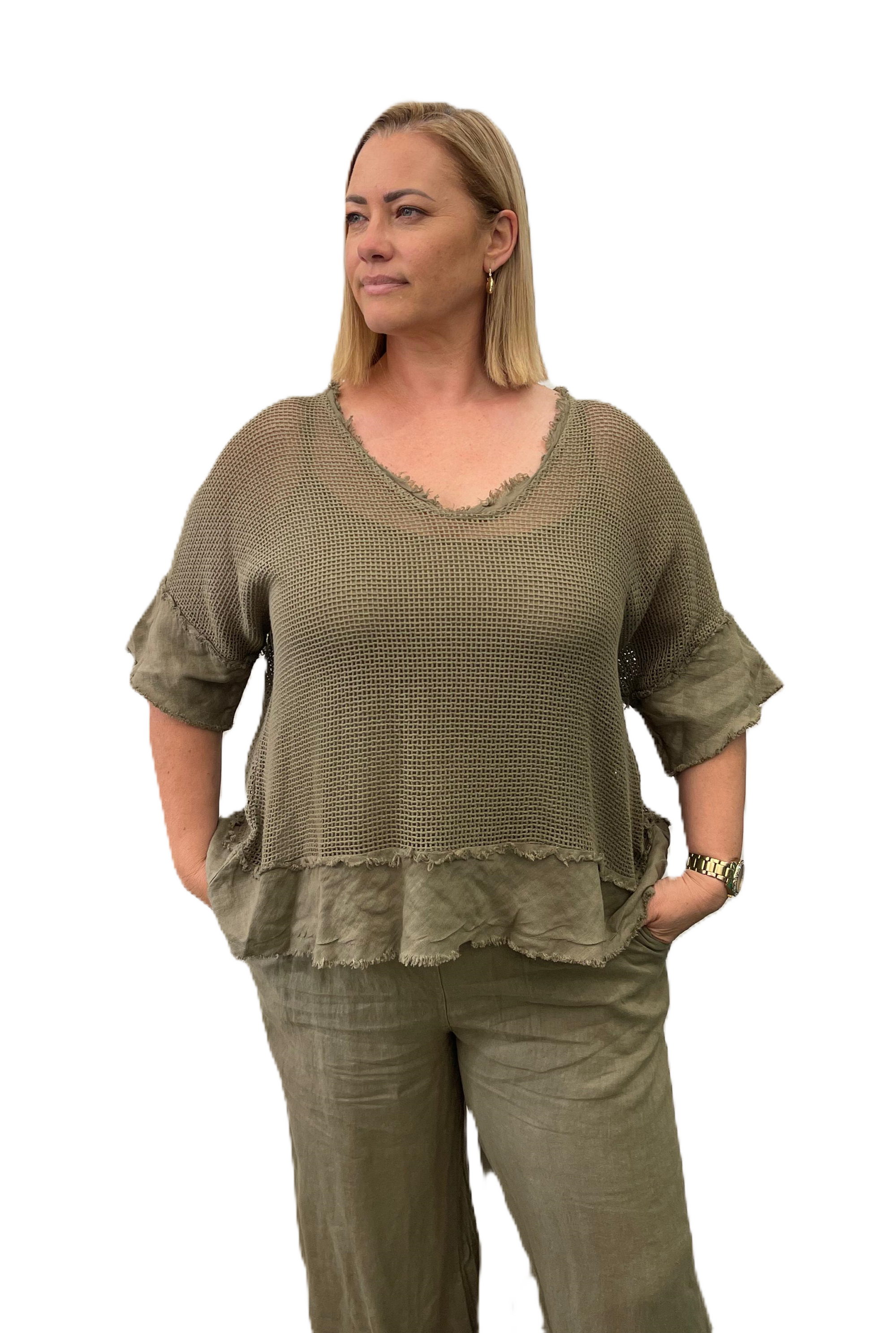 The Italian cartels Carina cotton open weave top in slate / khaki.