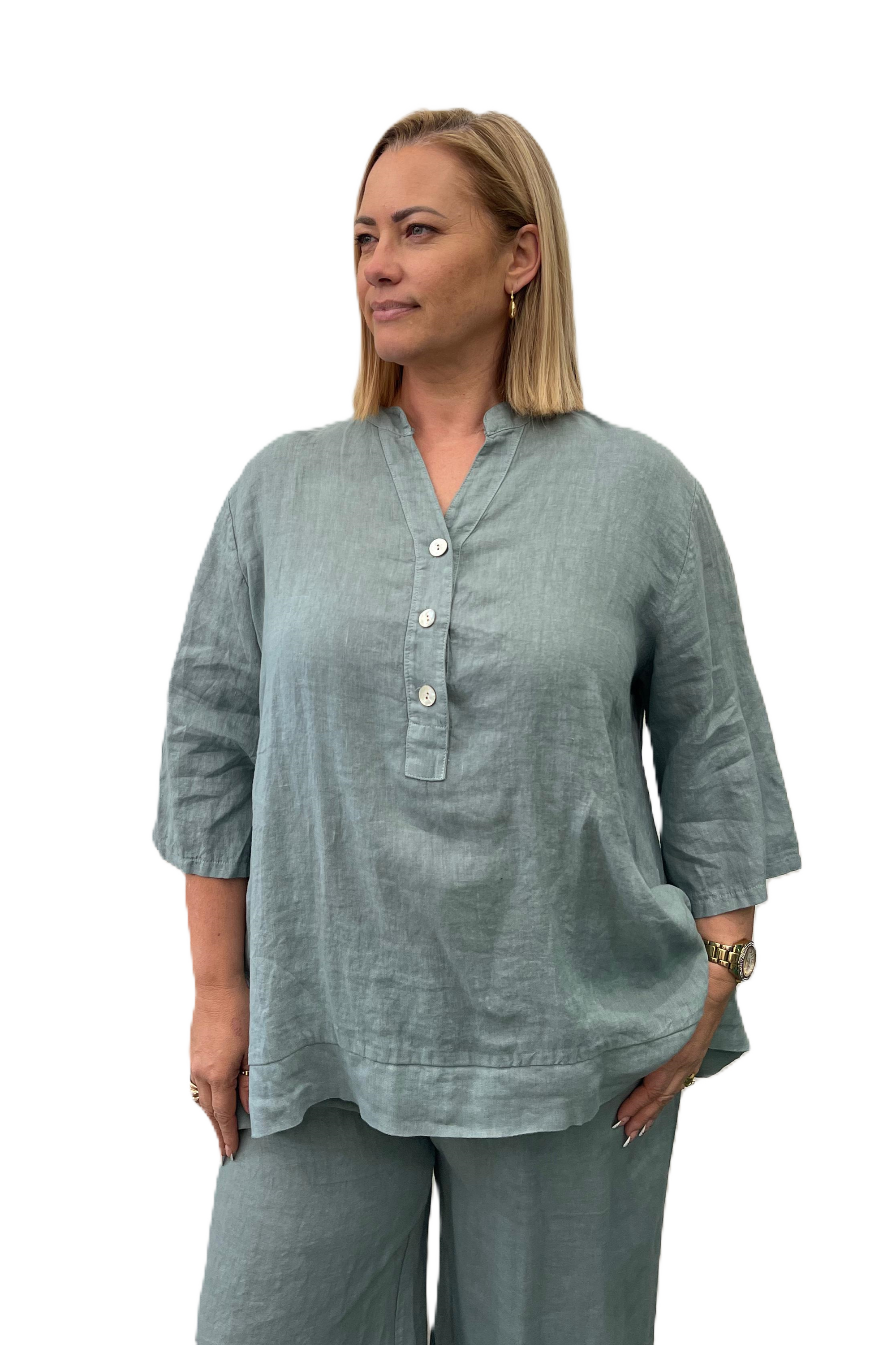 The Italian Cartel Aversa Linen Top in Blue, V-Neck buttons.