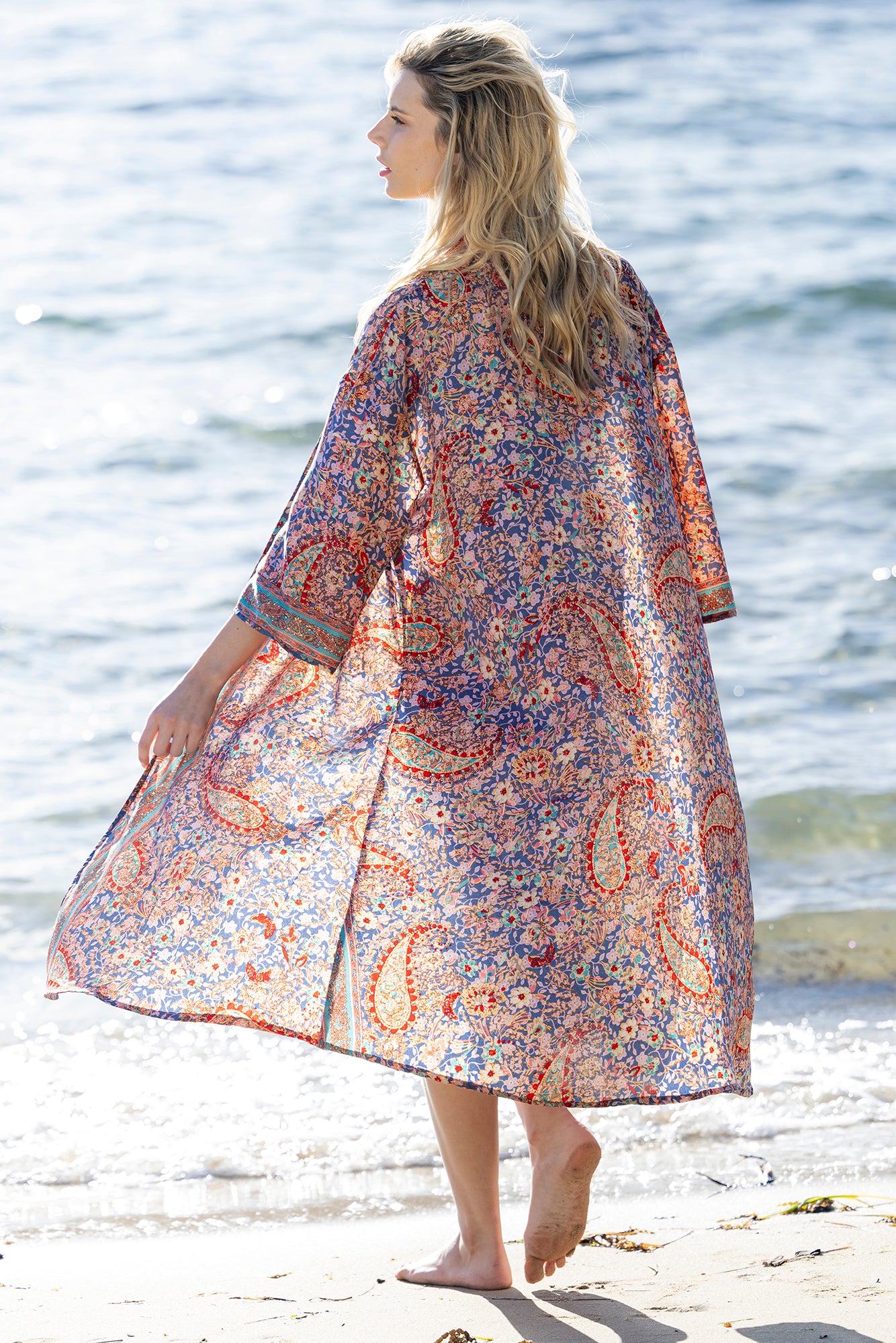 kimono, duster or cape this is gorgeous in red, blue and gold paisley floral print by cienna