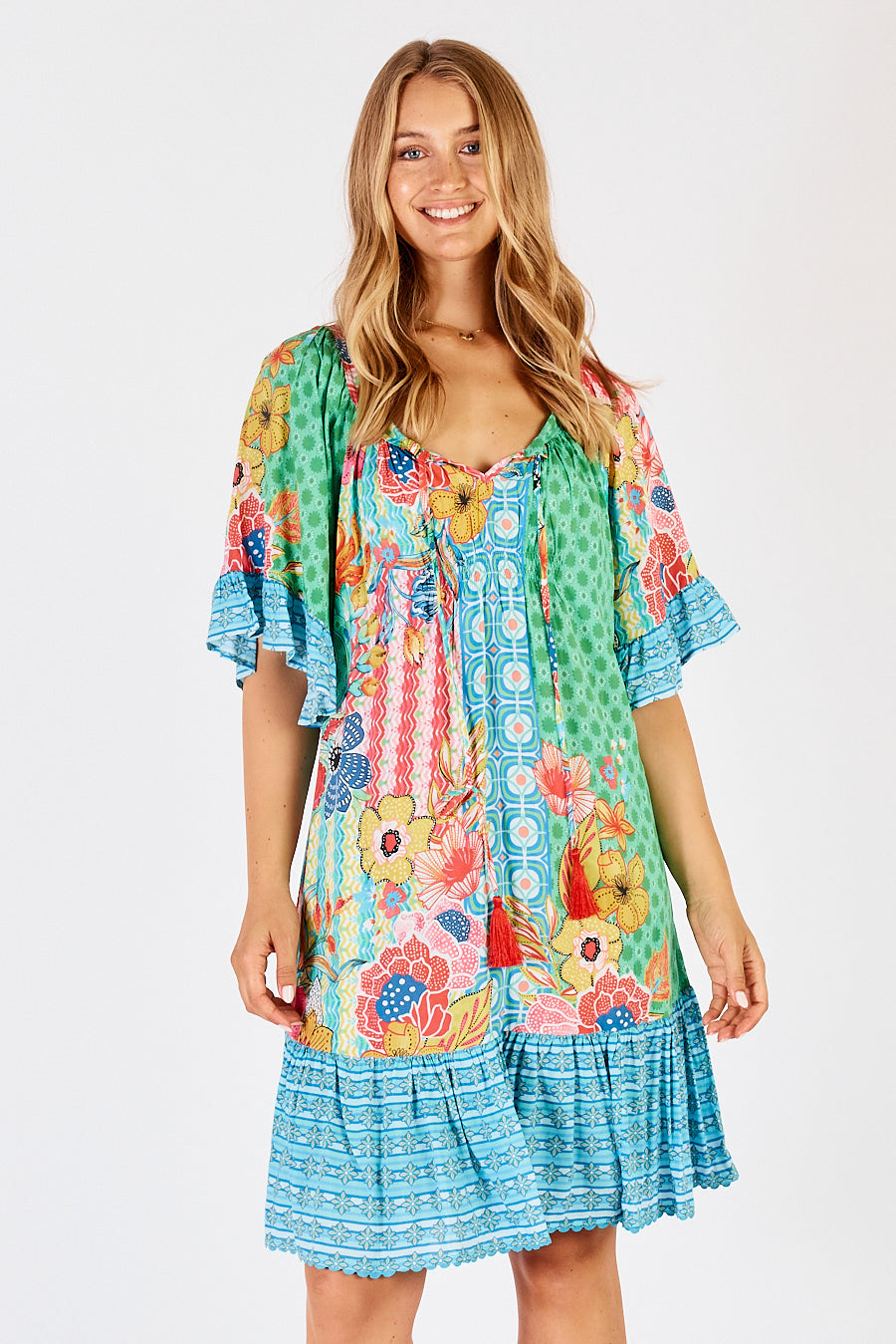 LulaLife Miranda Shirred Midi Dress in Sea, a multi coloured floral and geometric print dress.