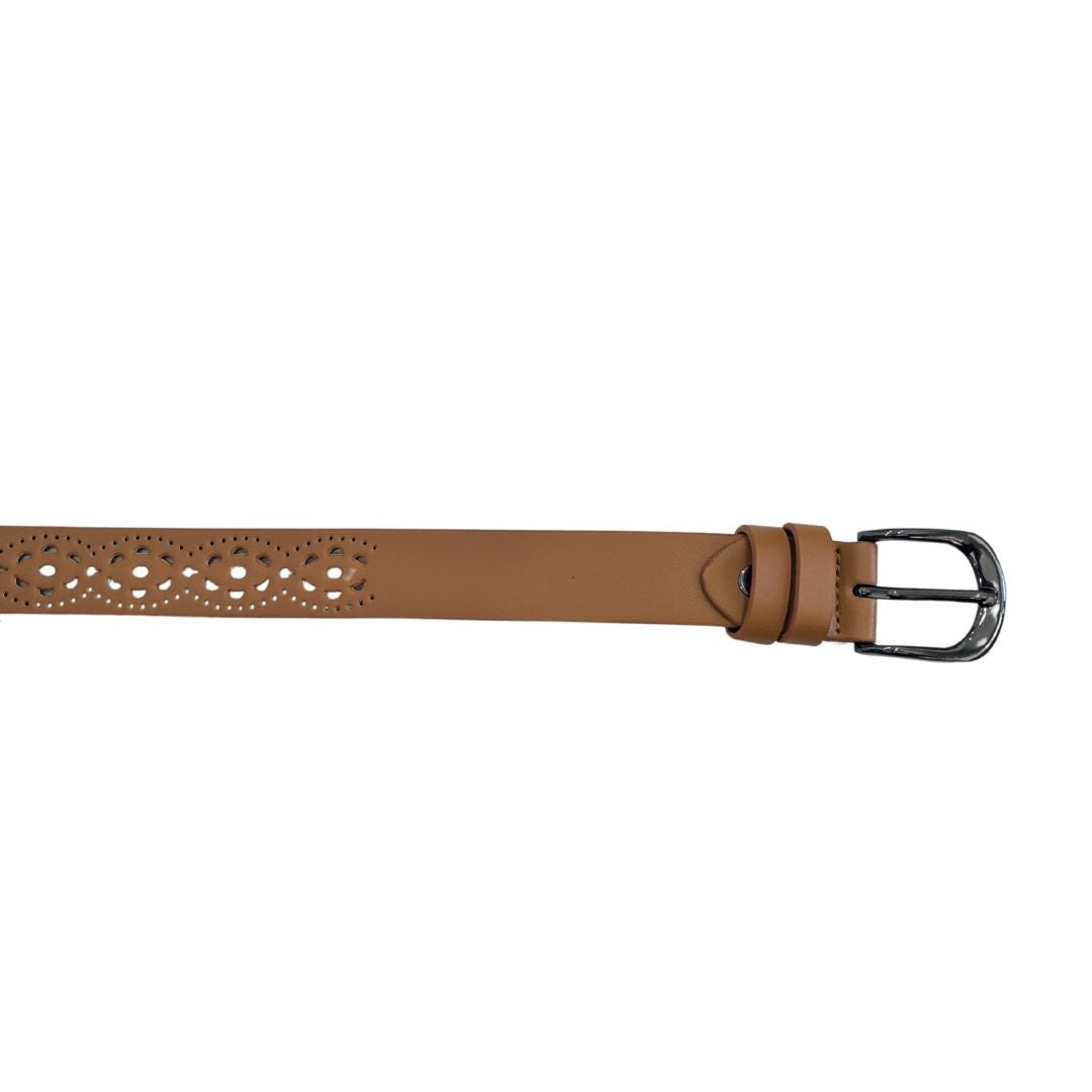 ladies tan perforated / punch hole belt with loops and silver buckle.