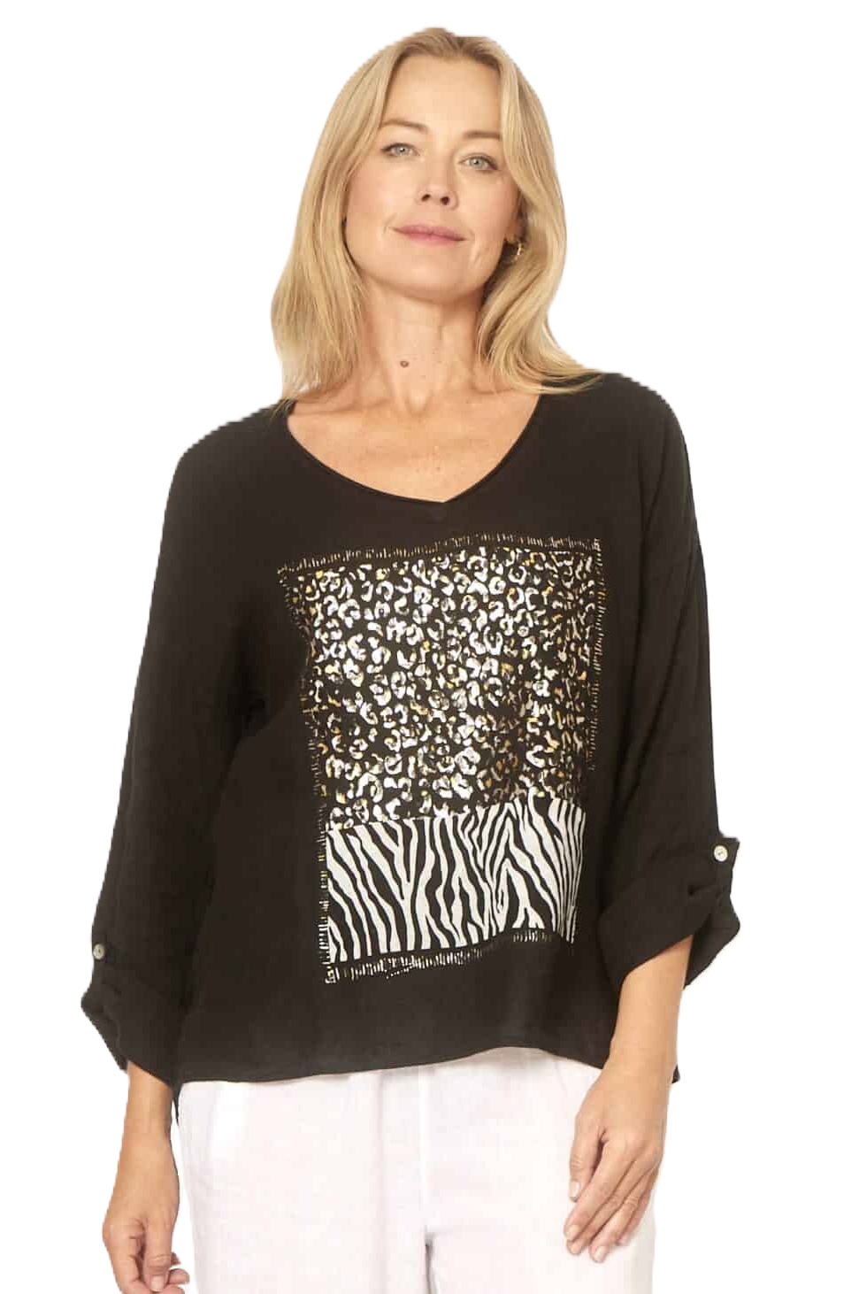 La Strada&#39;s Black Animal Print T-shirt in linen.