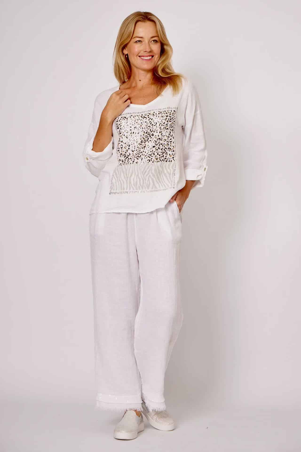 Linen Animal Print V-Neck Top