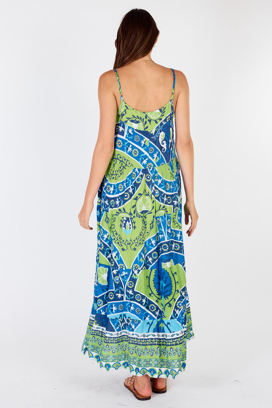 Back of the strappy Ariba maxi Dress in navy Blue and Green, lightweight for summer its classic Rubyyaya.