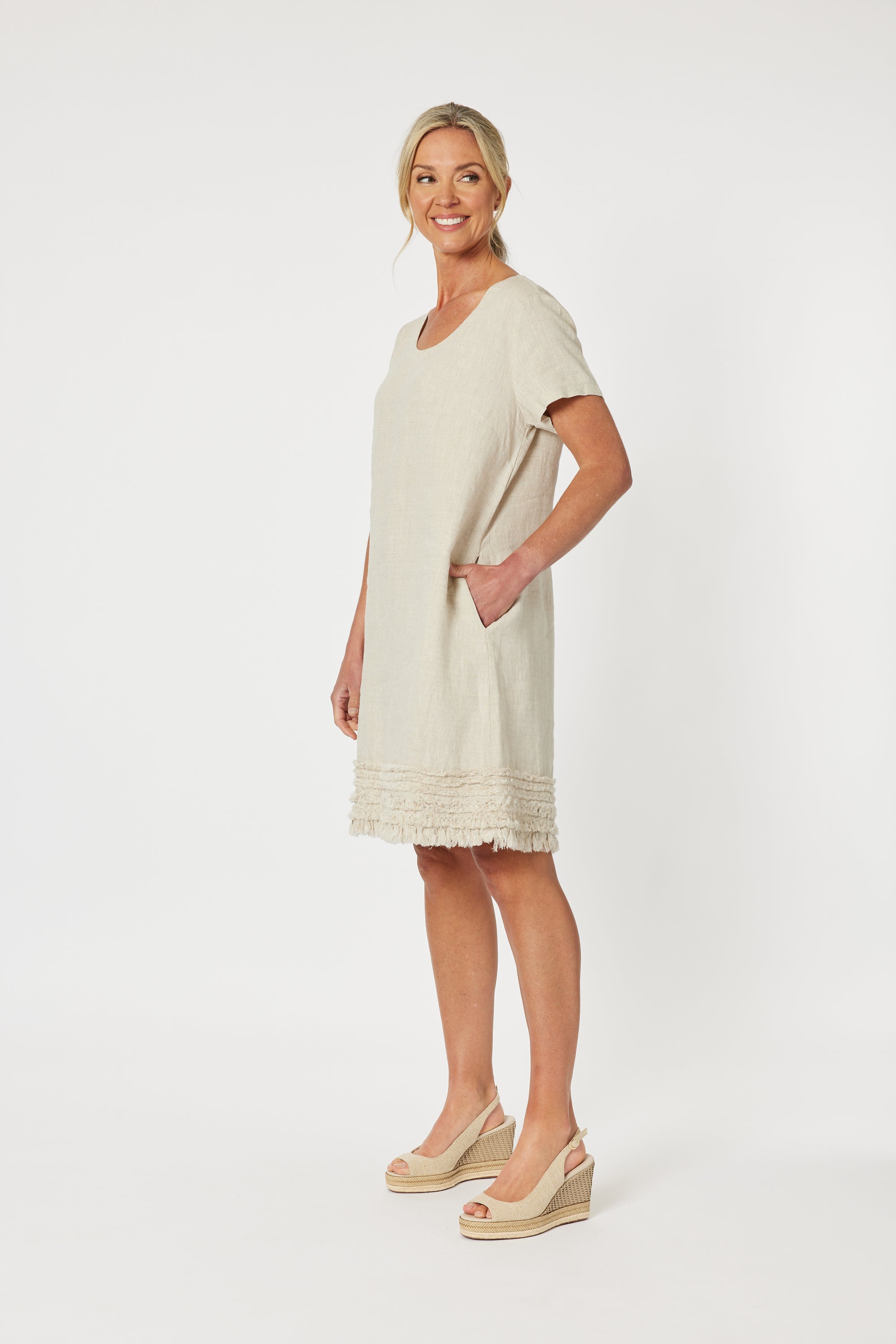 Ladies knee length Ruffle Midi Linen Dress in Natural by Gordon Smith.