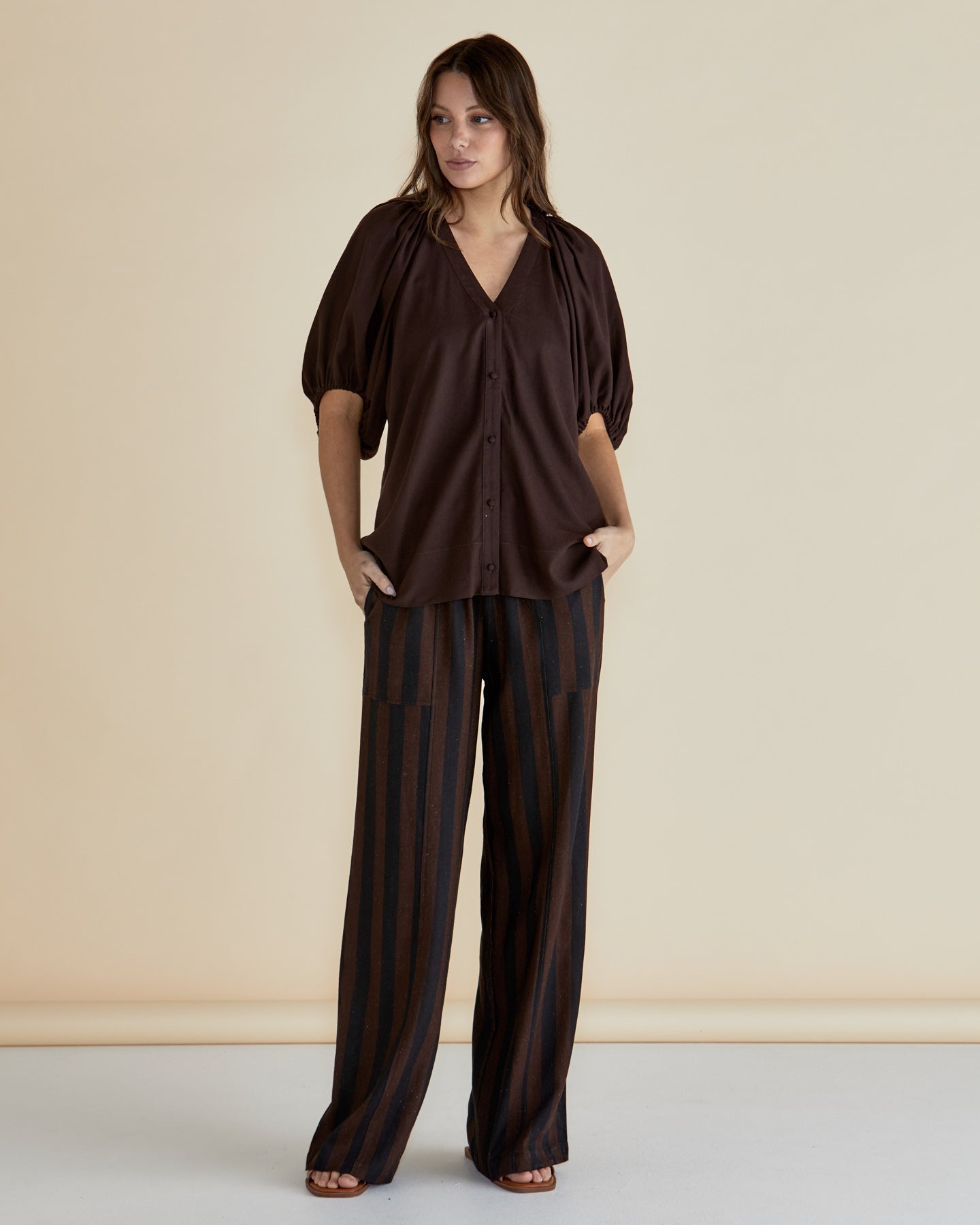 Ladies Tamara Linen Blend Pants in Chocolate Stripe a Brown and Black stripe by Betty Basics.