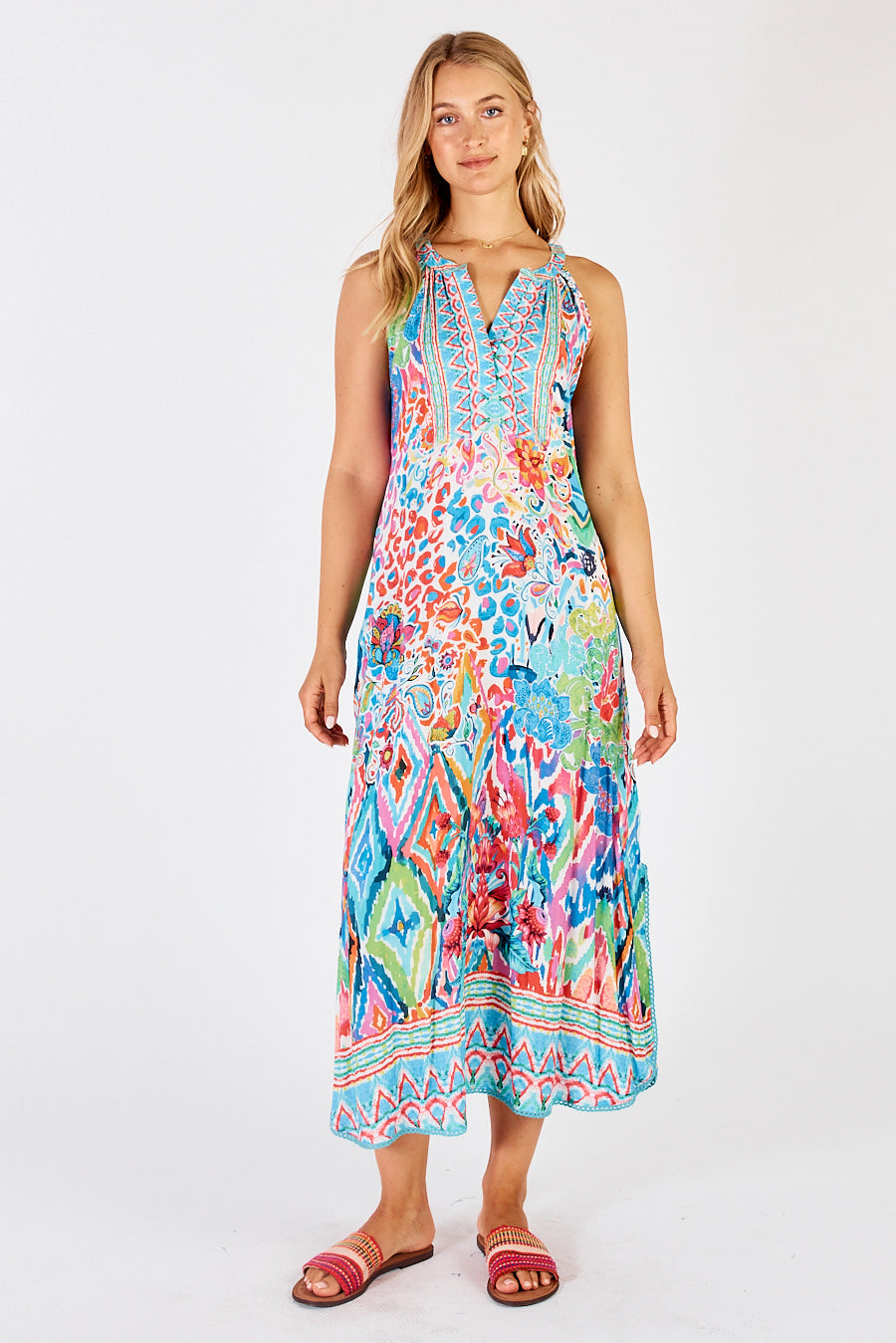 LulaLife's Rumi Sleeveless maxi dress in Lagoon a multi coloured dress with floral, geometric and leopard print. 