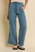 Women's teal blue linen trousers with flat front pockets, full length and tie waist with zip by Little Lies. 