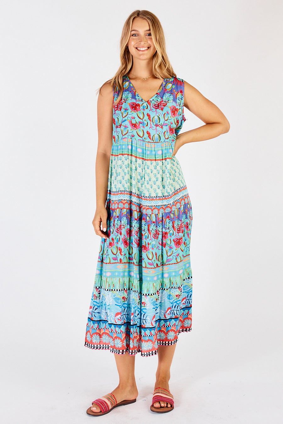 Sleeveless Midi Dress in red blue and green with tiered skirt, v-neck and relaxed fit by LulaLife.