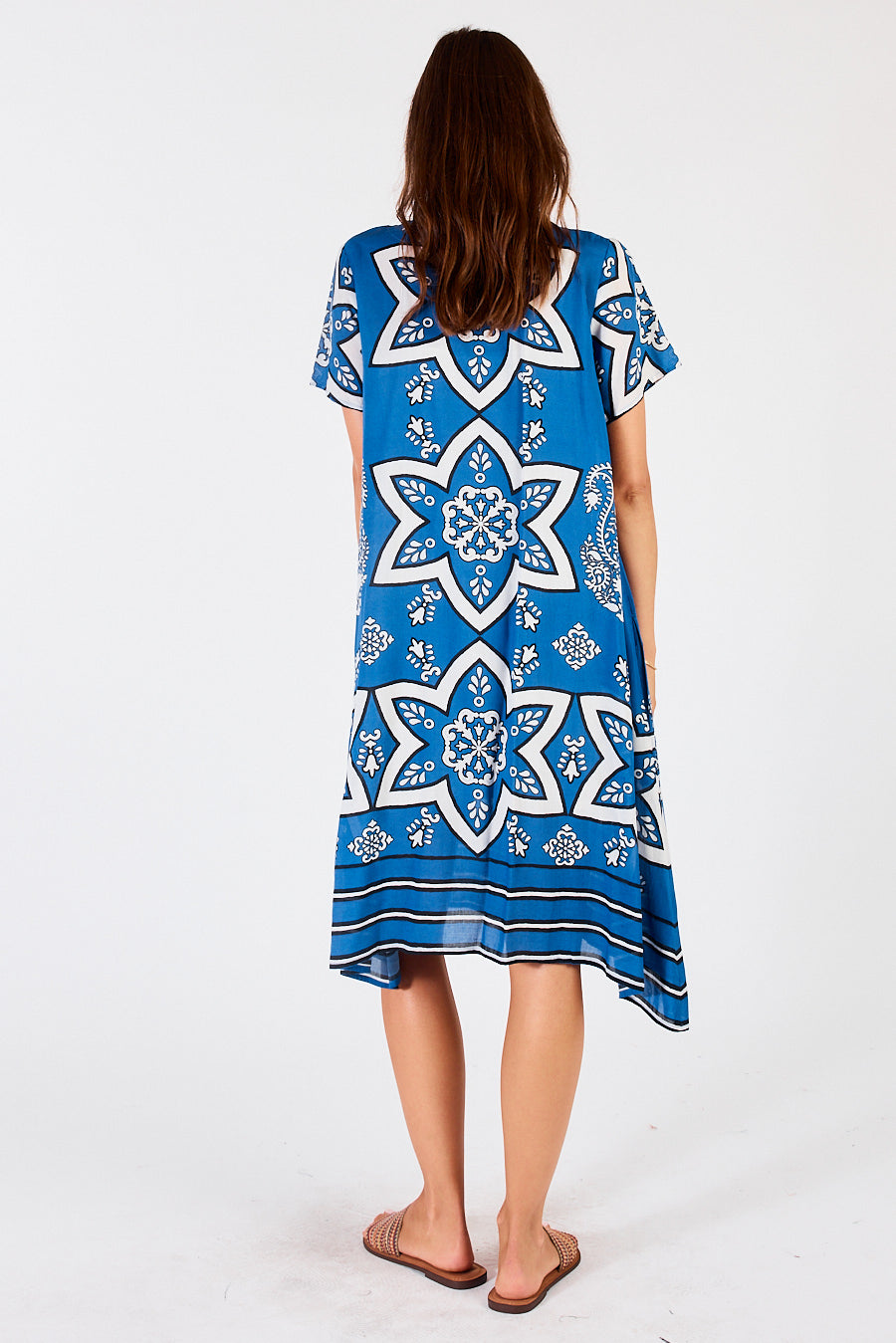 Back of shift style Monaco Midi Dress in Sapphire blue with contrasting hem stripes by LulaSoul.