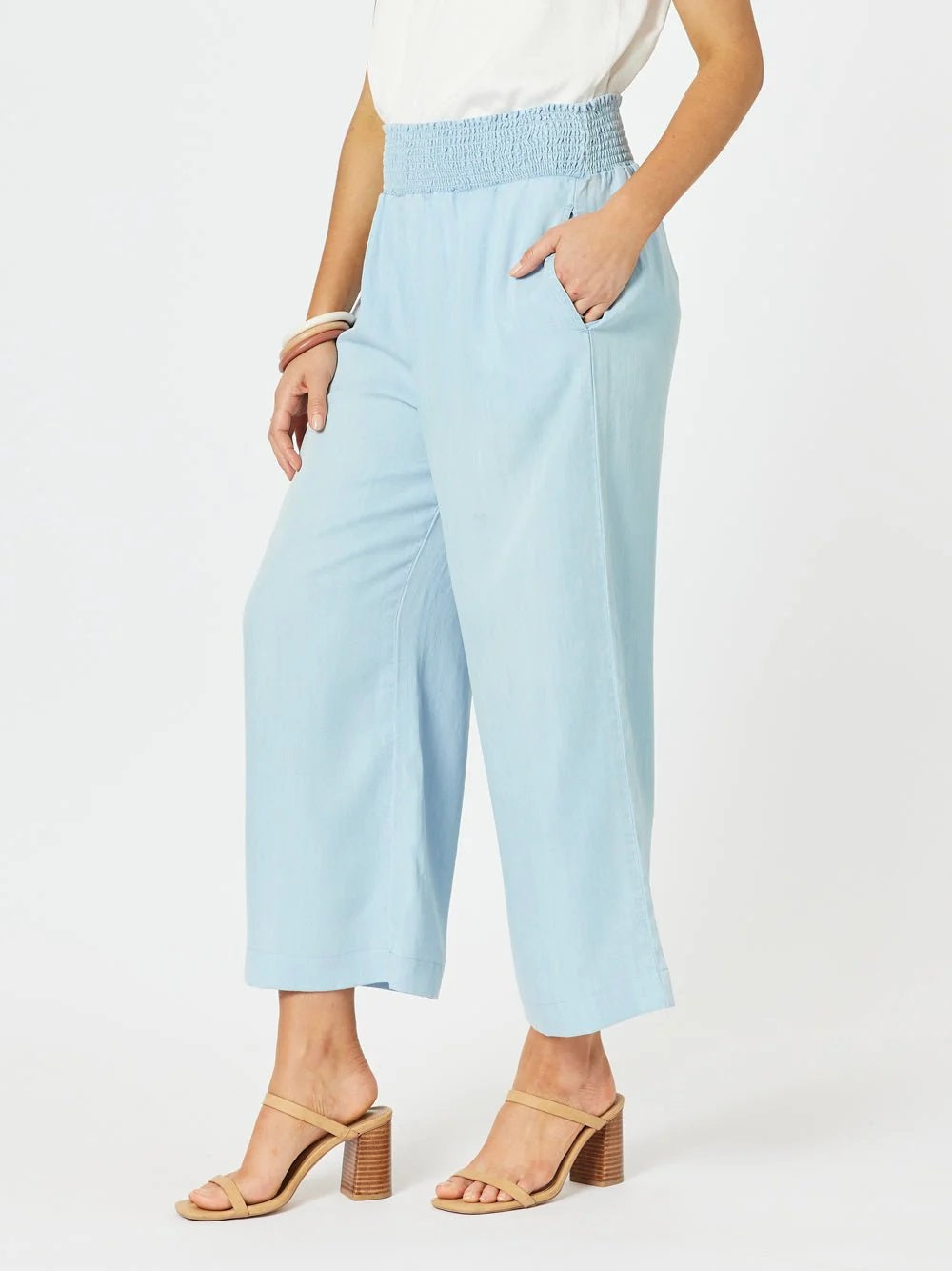 Ladies Blue Cotton Trousers with pockets and pull on style with a shirred elasticated waist by Hammock & Vine.