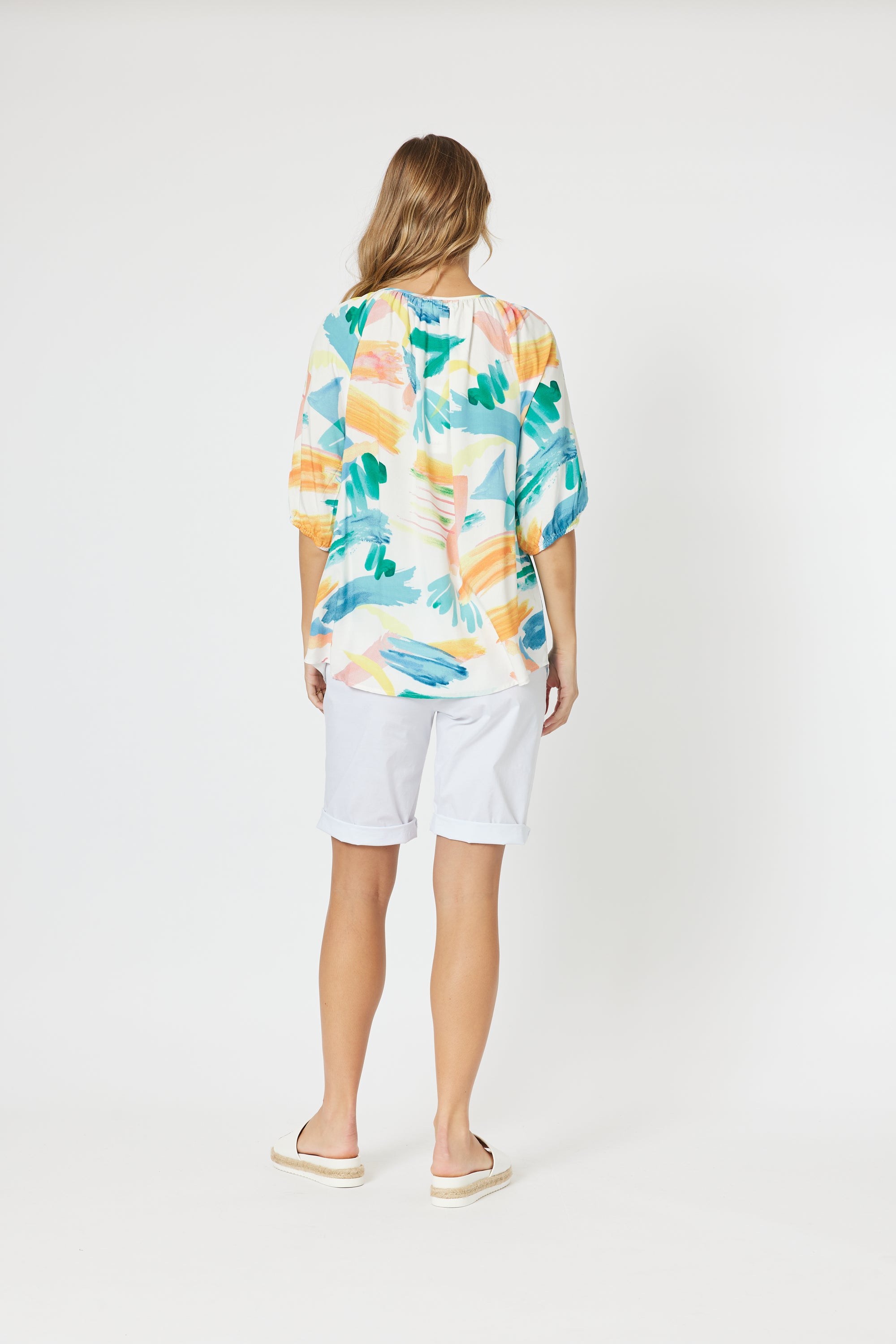 Women's brush stroke print top in Gelato wtih a slight curved hem, mid length sleeves and relaxed fit - Brighton Tunic Blouse by Threadz.