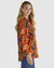 Zelda Shirt Top with a fun print in green,blue, yellow, orange, curved hem, long sleeves by Sass.