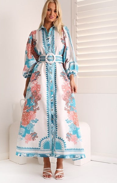 Ave The Label Teal Doll Maxi Dress in blue, pink and White floral print.