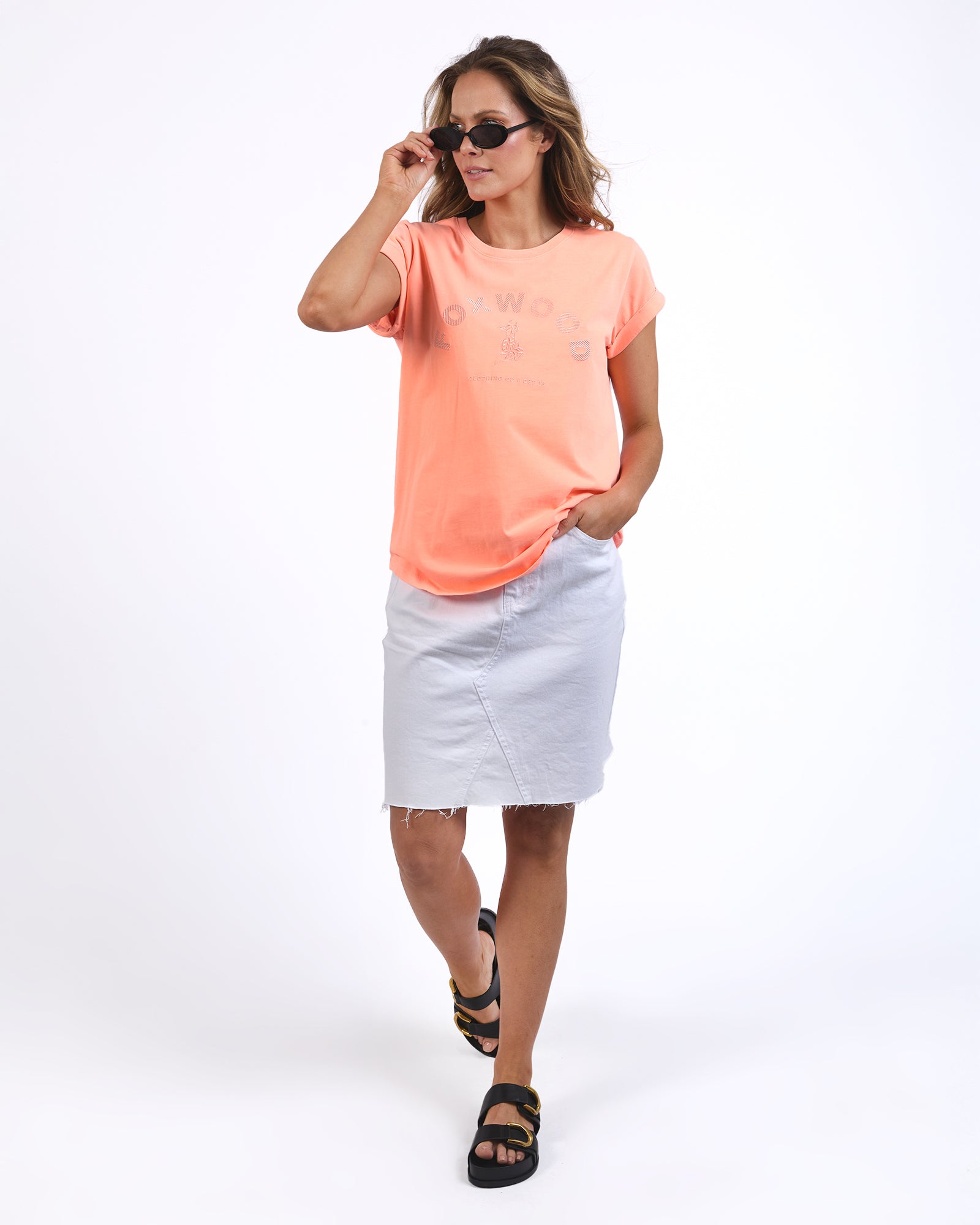 women's foxwood embroidered signature short sleeve t-shirt in neon orange peach.