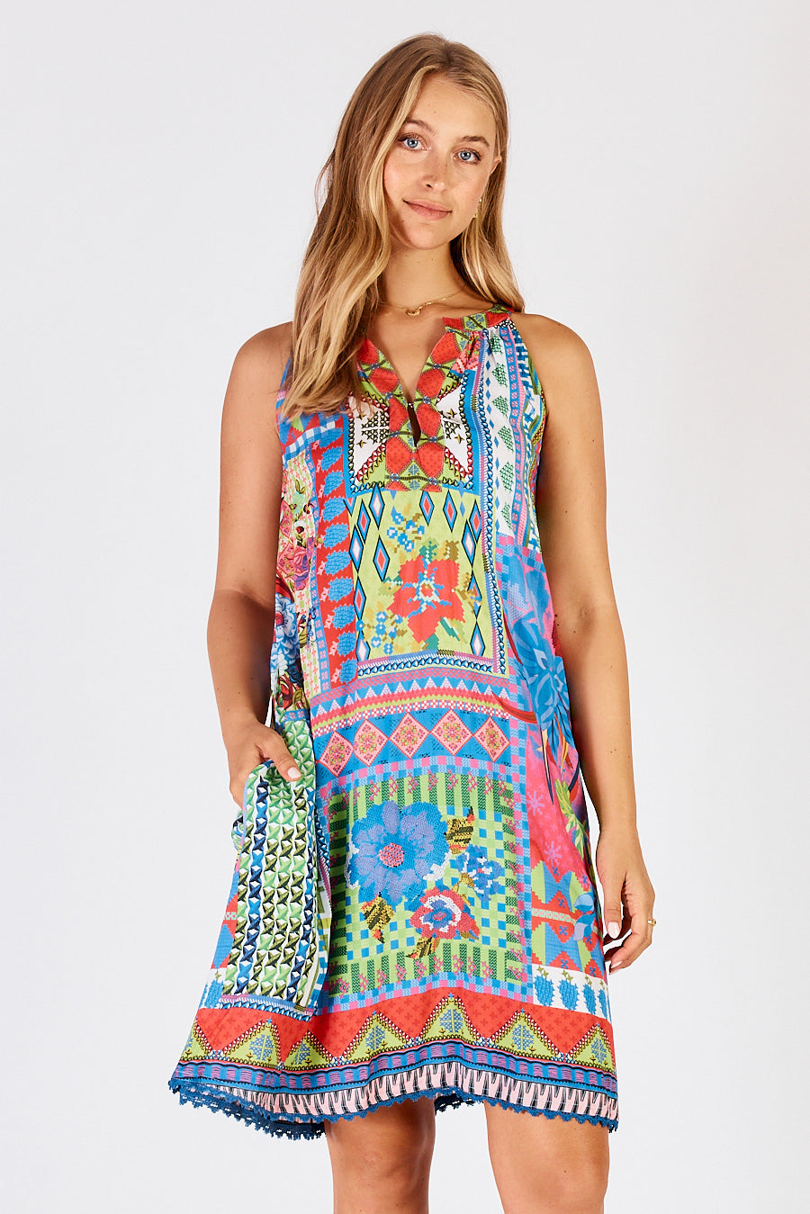 LualLife&#39;s Vivone Sleeveless midi Dress in Lime a blue, green and red floral geometric print dress. 