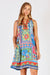 LualLife's Vivone Sleeveless midi Dress in Lime a blue, green and red floral geometric print dress. 