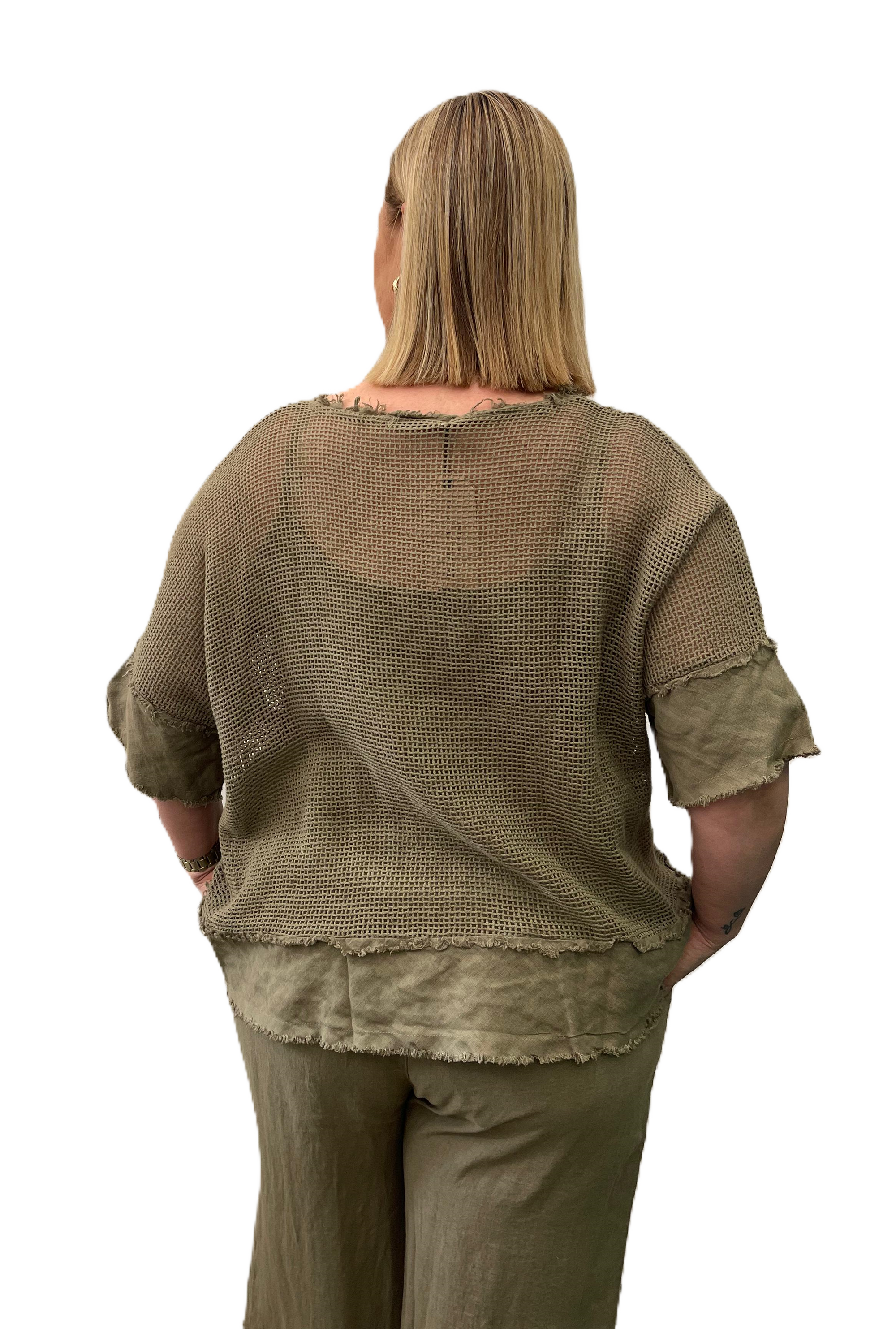 Khaki / slate italian cartel Carina top with tank top and mesh overlay.