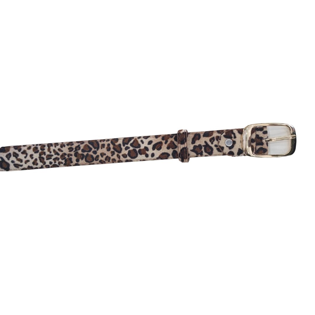 Leopard print belt with loop and gold coloured hardware.