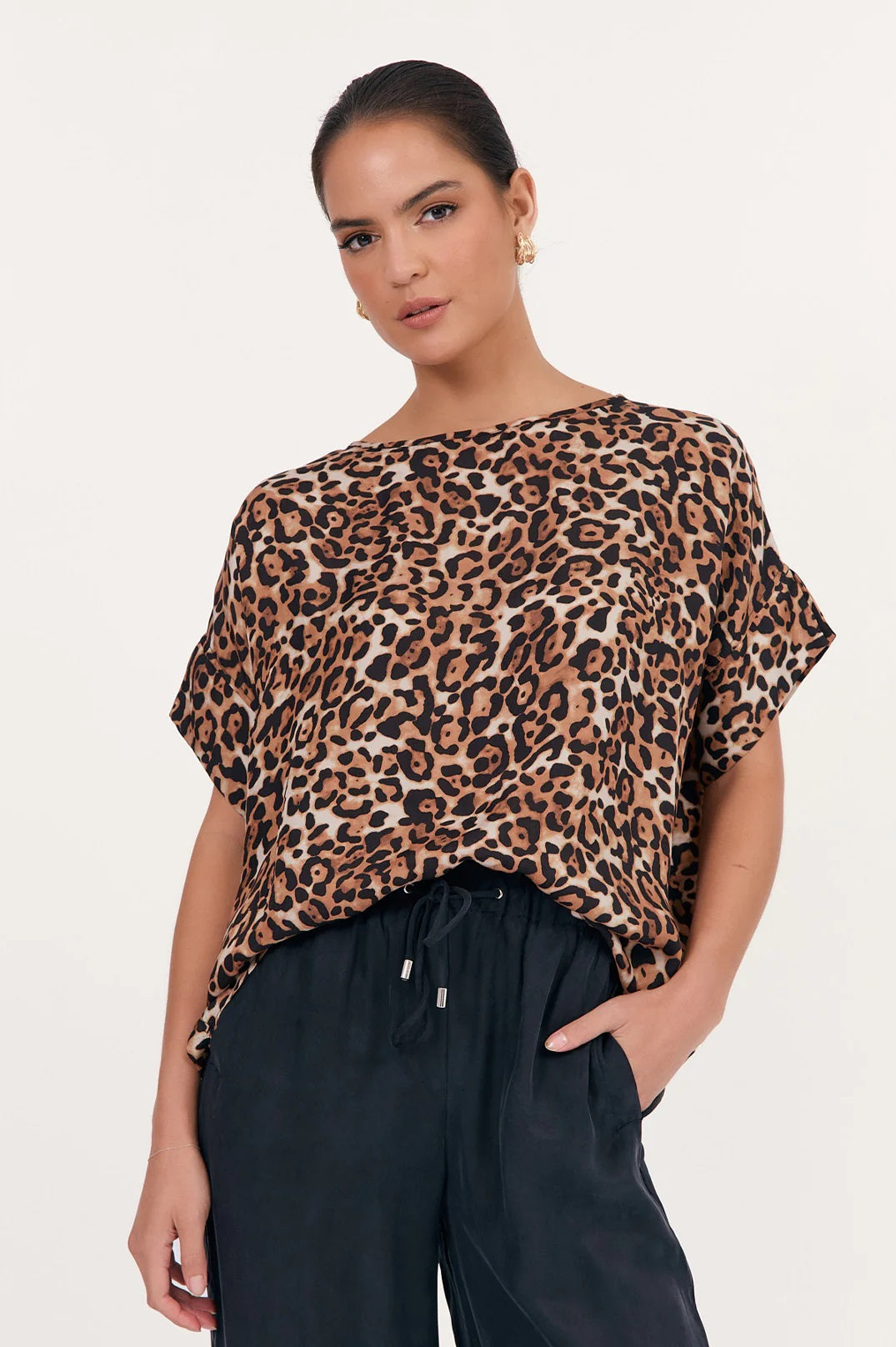 Adorne's Great Luxe Leopard Cupro Top with short sleeves and relaxed fit.