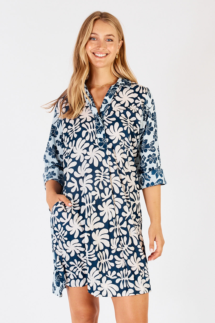 LulaLife Mia Shirtmaker Midi Dress in Navy a blue and white swirl / floral print.