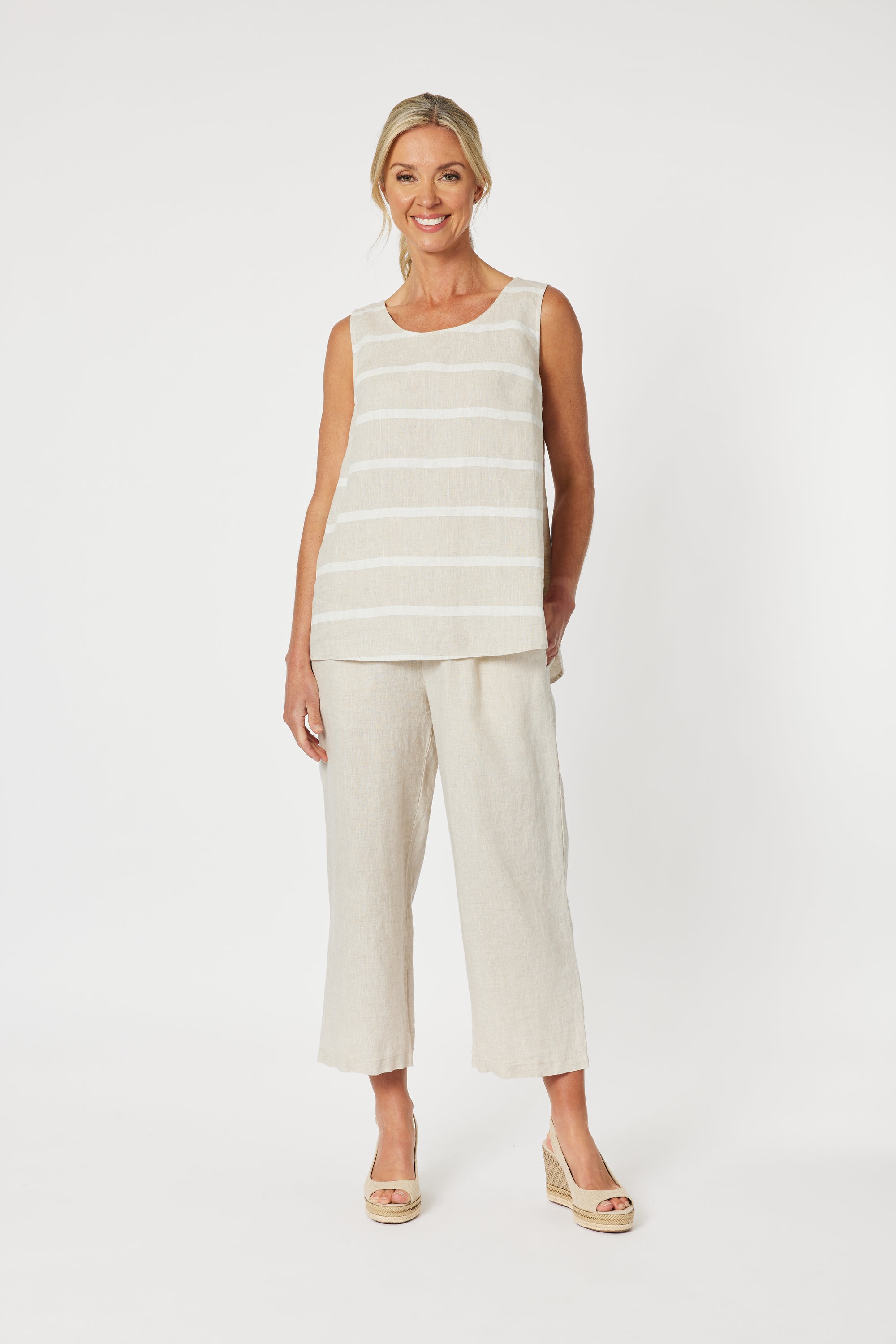 Gordon Smith Patio Stripe Sleeveless Tank Top in Natural and White Stripes.