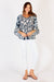 Ladies cotton mia navy blouse with a wide v-neck with tassels, 7/8th sleeves with ruffles and relaxed fit by LulaLife.