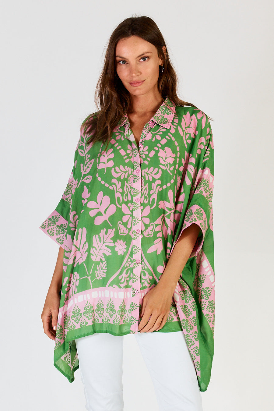 LulaSou's Carara Oversized Kaftan Shirt in Green and Pink leaf print.