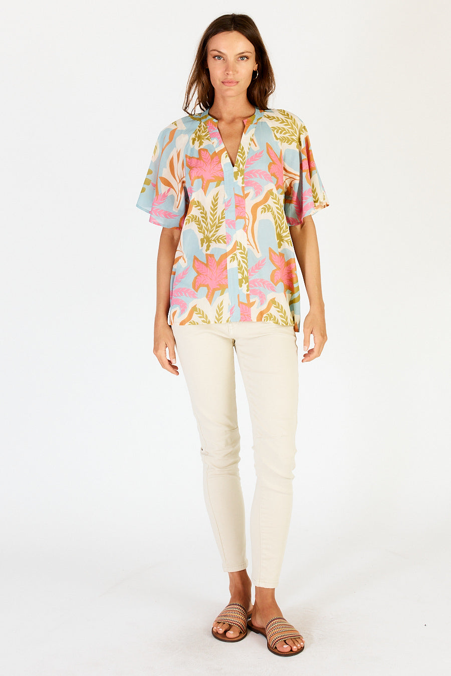 Portabella top in cloud with v-neck, short sleeves and relaxed fit by LulaSoul.