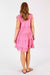 Back of Gwen tiered midi dress by lulalife in candy pink with 4 tiers with slight ruffling.