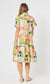 Pink, green, yellow and white Cancun tiered shirt midi dress with collar, short sleeves and button up front. 