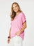 Ladies short sleeve vneck pink tee by Hammock & Vine with silver detailing on neck and cuffs.