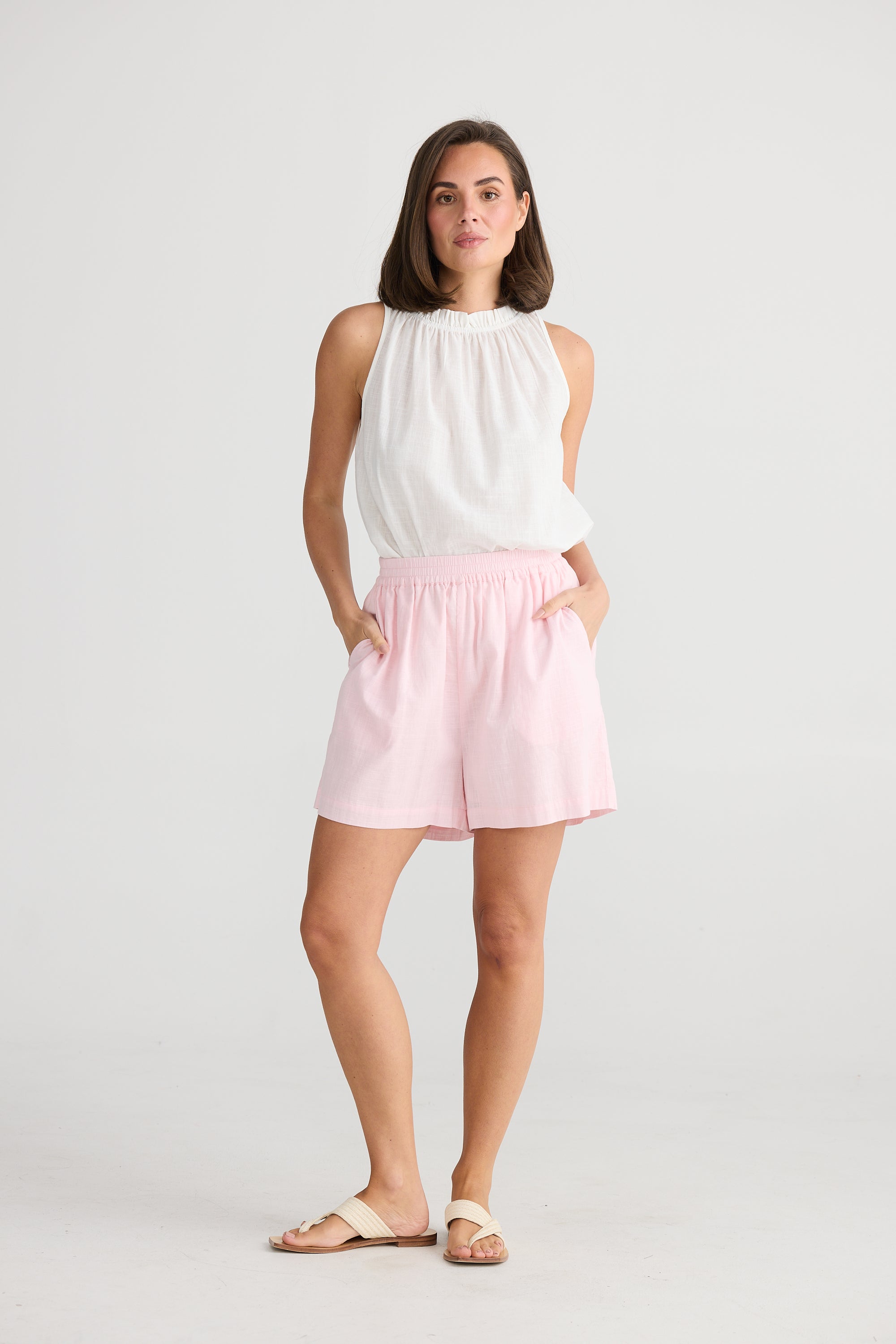 Ladies Pink Cotton Mid Thigh Shorts, elasticated waist by Holiday.