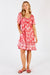 LulaLife Agatha Shirred Midi Dress in Melon Red and White tropical print.