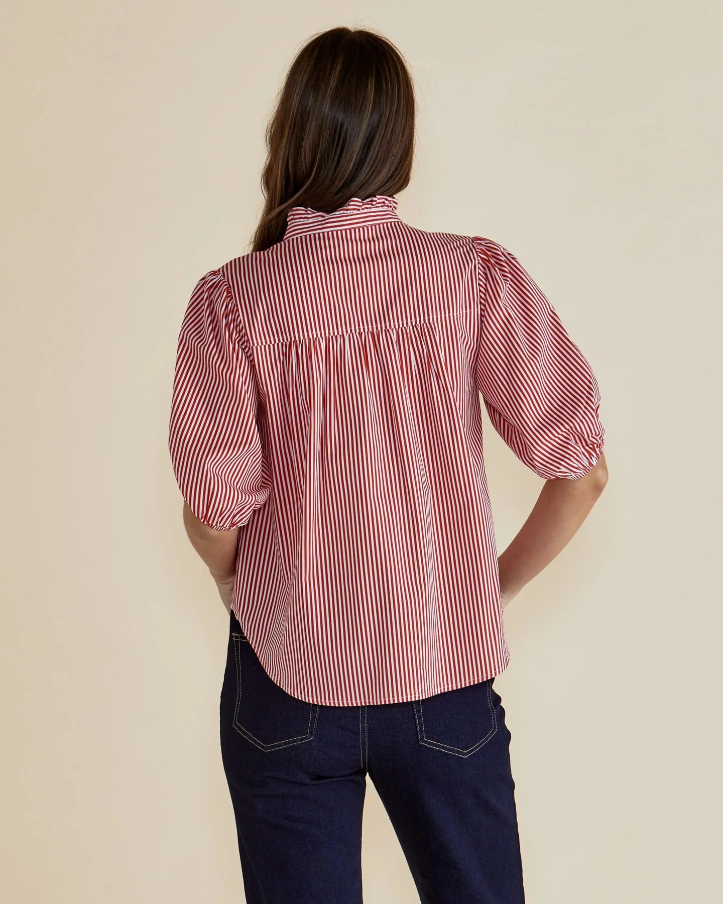 Back of the Avery Blouse in Red and White stripe by Betty Basics.