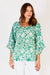 LulaLife Mia Top in Sea Green and White swirl and floral print with v-neck and long ruffle sleeves.