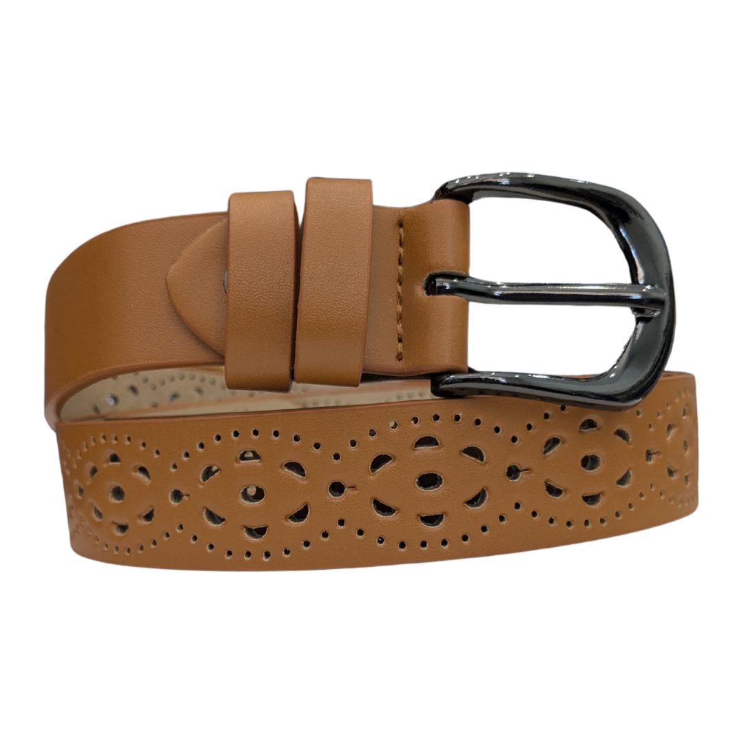 women's tan belt with hole decorations.