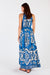 Back of LulaSoul's Monaco sleeveless maxi dress in Sapphire blue and white star print. 