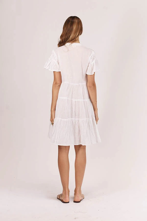 Back of Abigail tiered, short sleeve white midi dress from Rubyyaya. 