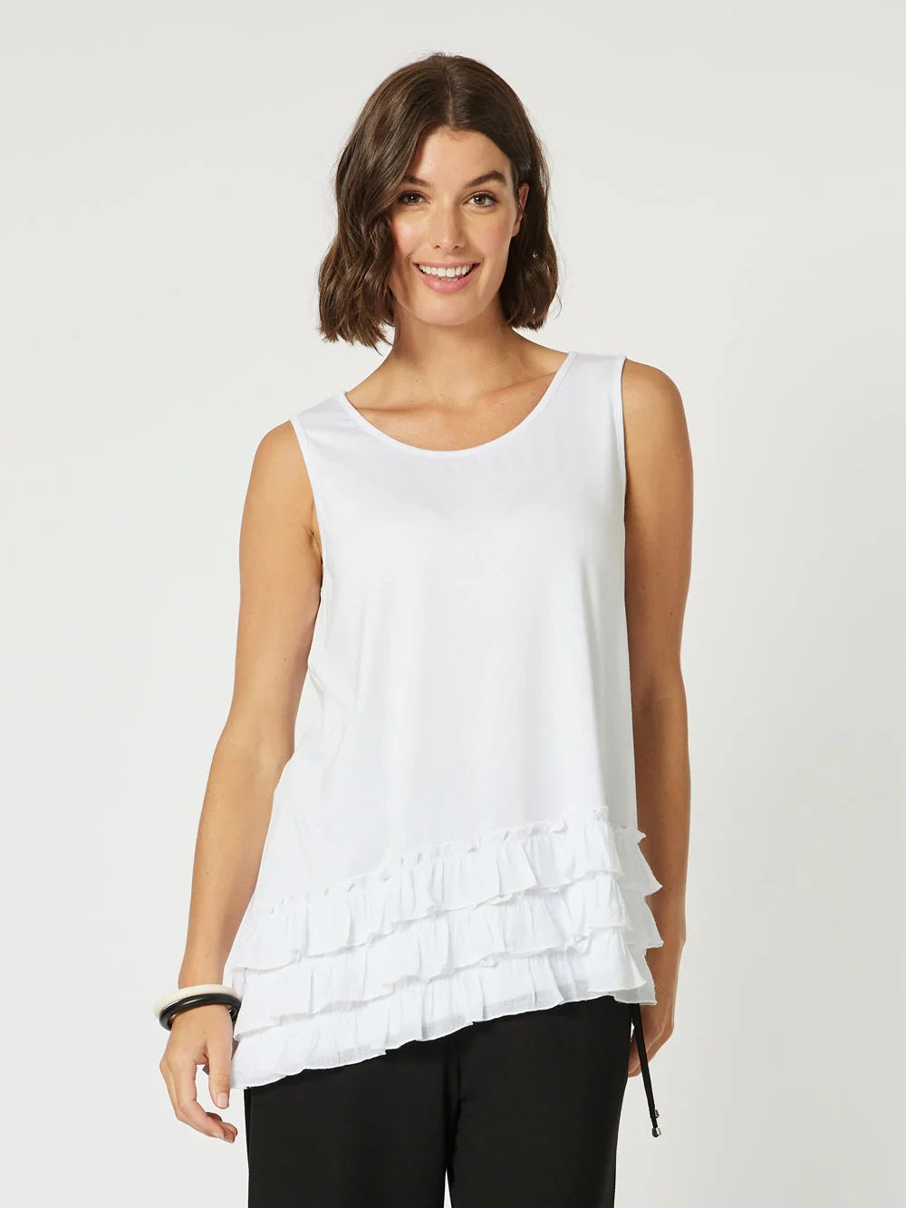 Ladies white Frilled Hem Cami Top by Clarity.