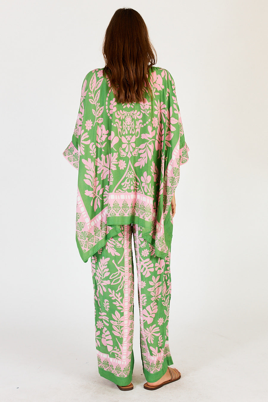 Carara full length, relaxed fit summer pants in green and pink scarf like print by LulaSoul.