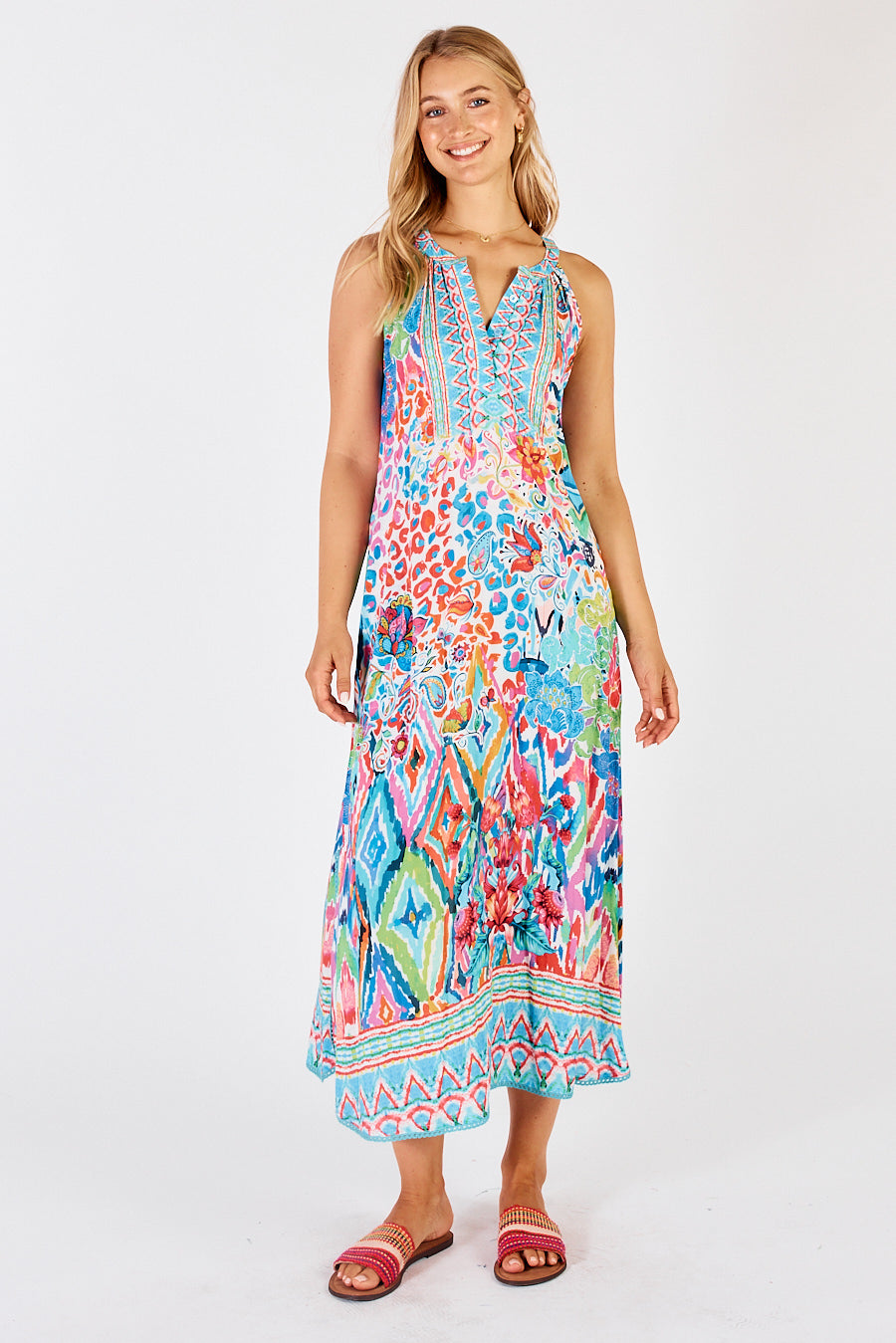 LulaLife&#39;s Rumi Sleeveless maxi dress in Lagoon a multi coloured dress with floral, geometric and leopard print. 