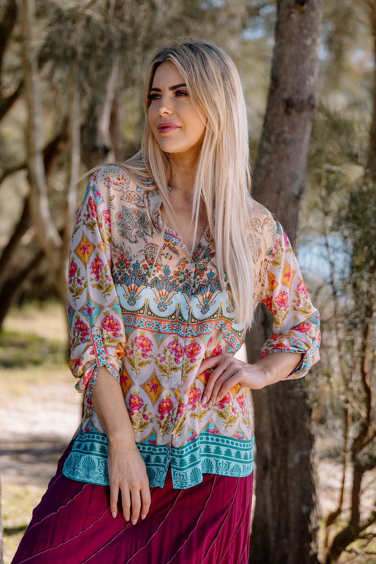 Cienna&#39;s Lenah floral silk blend shirt in pink, blue , cream and orange. 