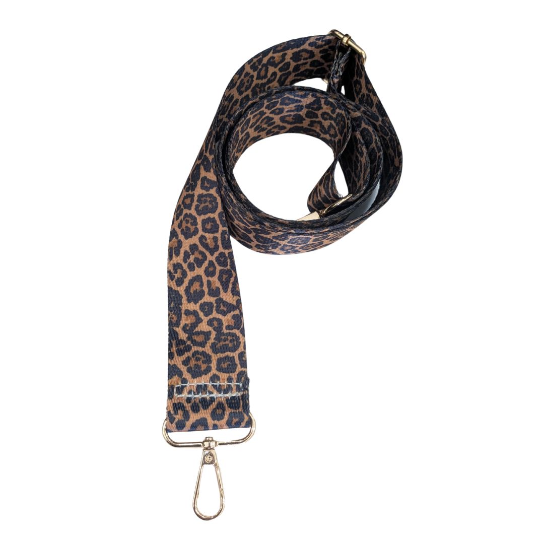 Adjustable Brown and Orange leopard bag strap with gold hardware.