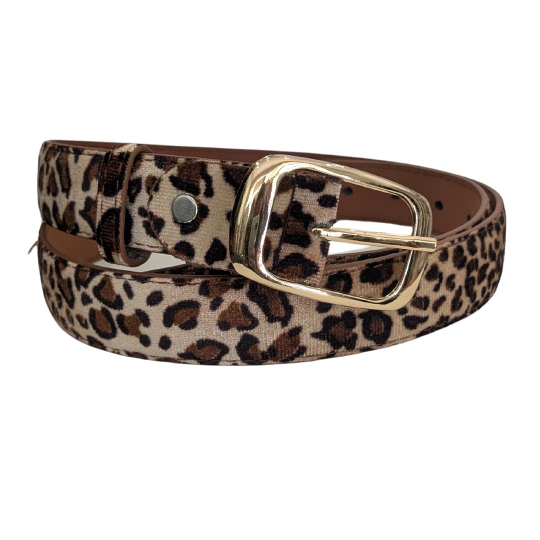 Leopard Print Belt with a velvet style top and gold coloured hardware.