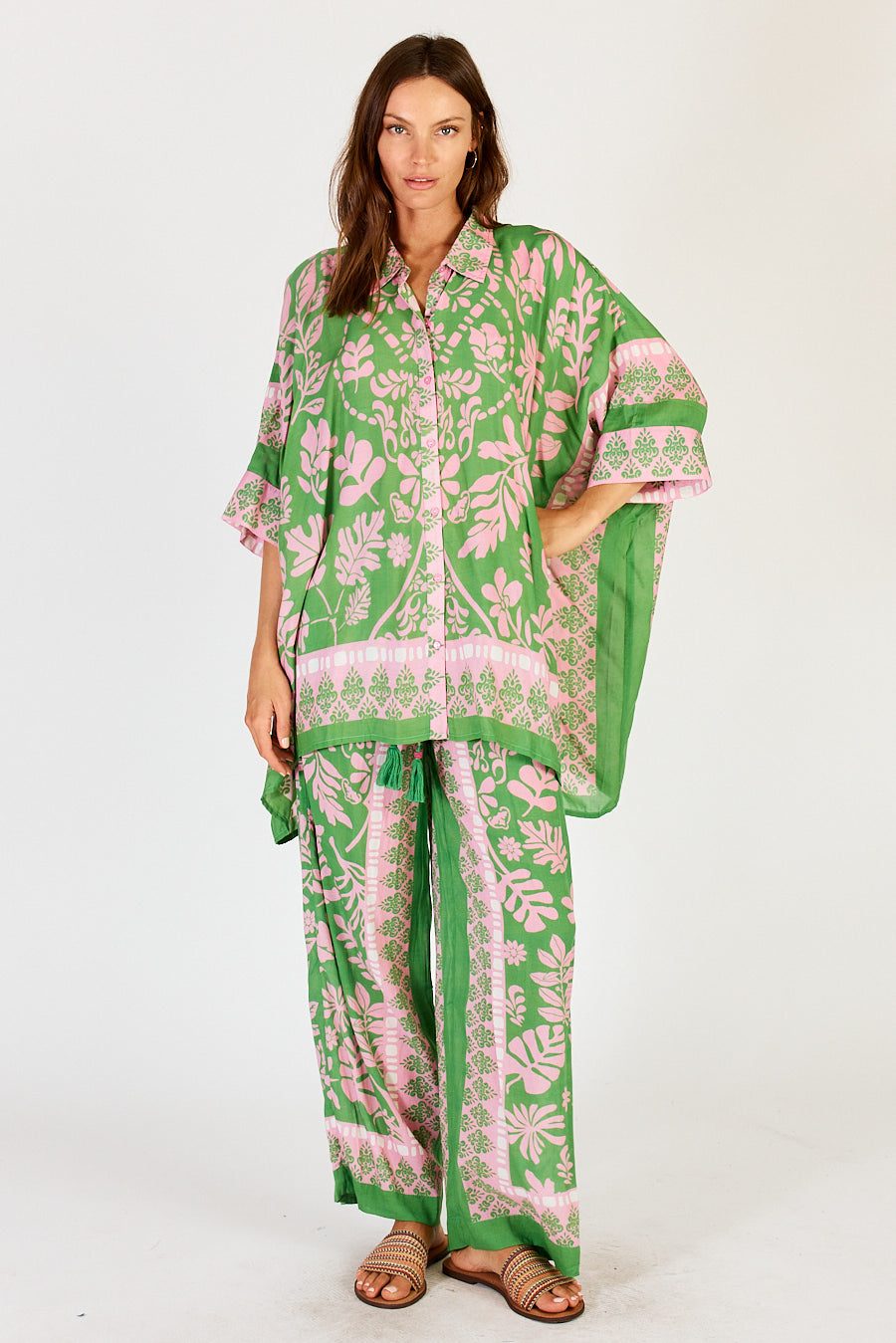 Carara Pants by LulaSoul in Green and Pink leaf scarf style print.