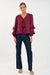 V-neck, square hem cupro top with long sleeves in burgundy and ruffles/frills on the sleeves, collar and placket by Adorne.