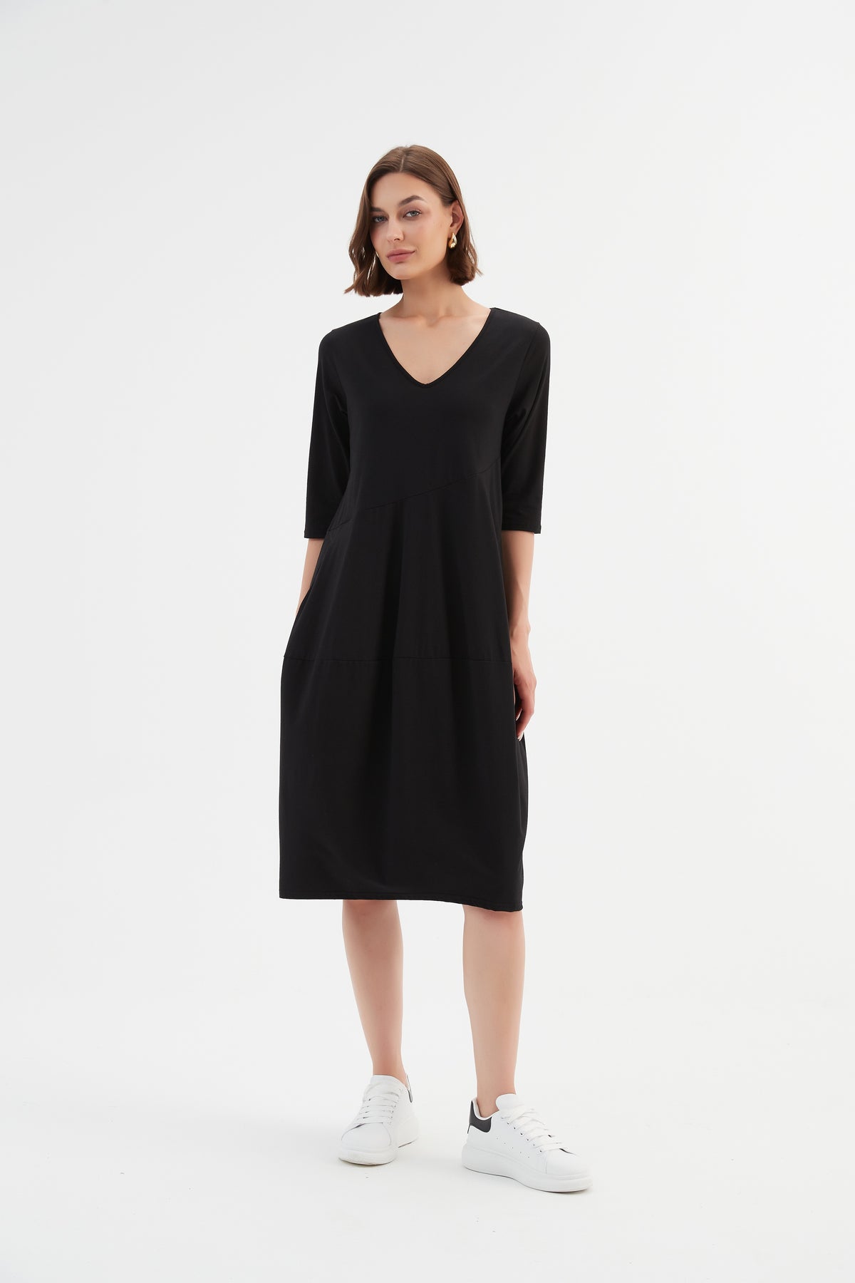 V-Neck Diagonal Seam Dress