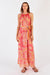 Ladies Sleeveless Maxi Dress with a star print in pink and orange with a removable belt.