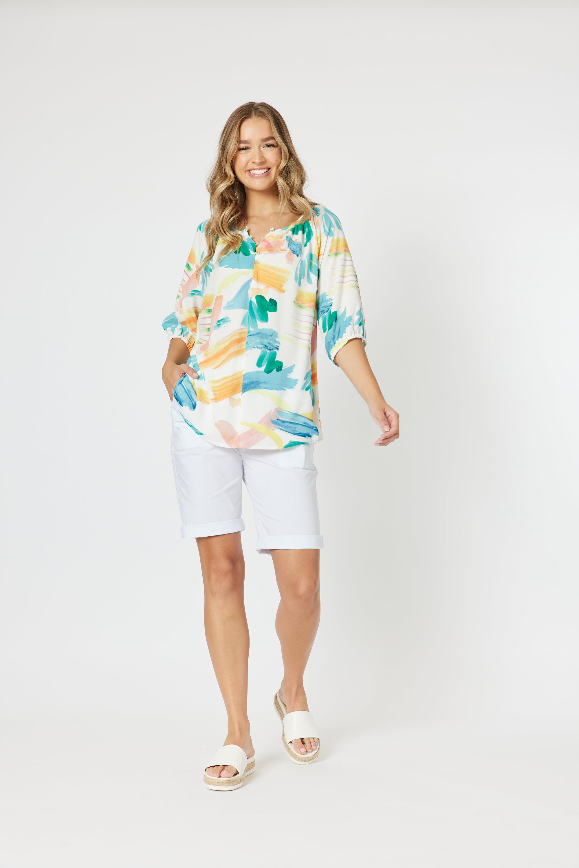 Threadz Brighton Tunic Top  in Gelato a multi blue, green, orange, pink in a paint brush style print. 